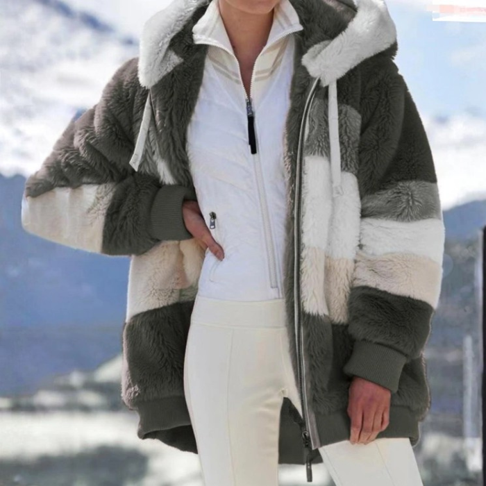 womens loose plush multicolor hooded jacket in grey and cream tones
