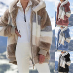 womens loose plush multicolor hooded jacket in beige and white stripes worn outdoors