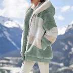 womens loose plush multicolor hooded jacket in mint green and cream shades