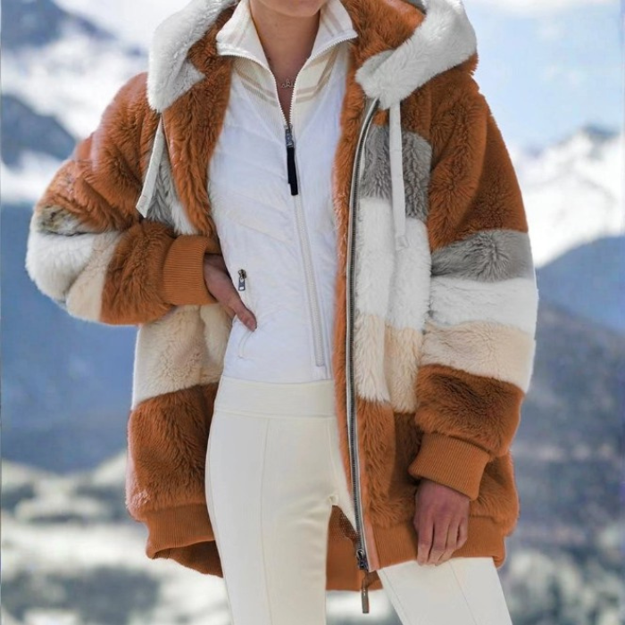 womens loose plush multicolor hooded jacket in warm orange beige and grey tones