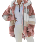 womens loose plush multicolor hooded jacket in soft pink cream and grey blocking