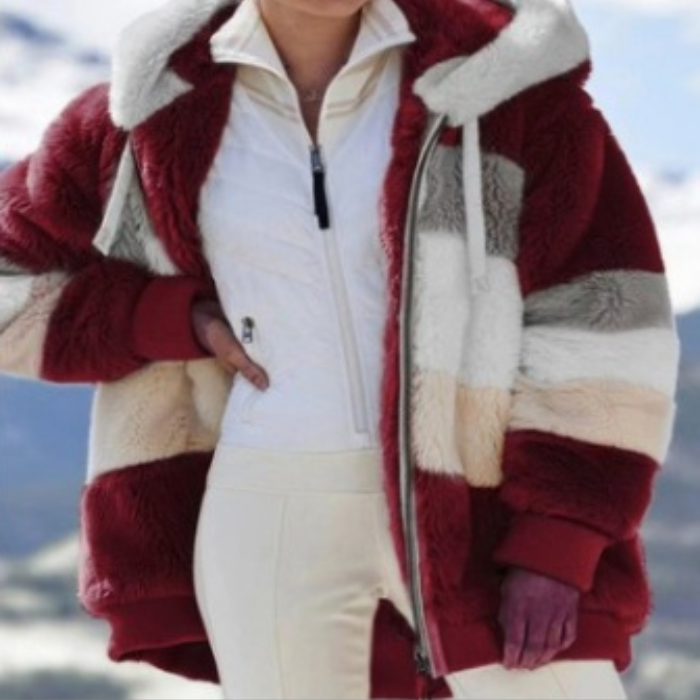 womens loose plush multicolor hooded jacket in red white beige and grey stripes