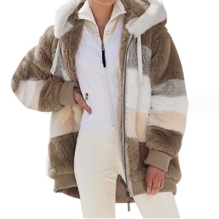 womens loose plush multicolor hooded jacket in tan cream and grey accents