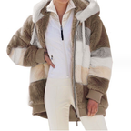 womens loose plush multicolor hooded jacket in tan cream and grey accents