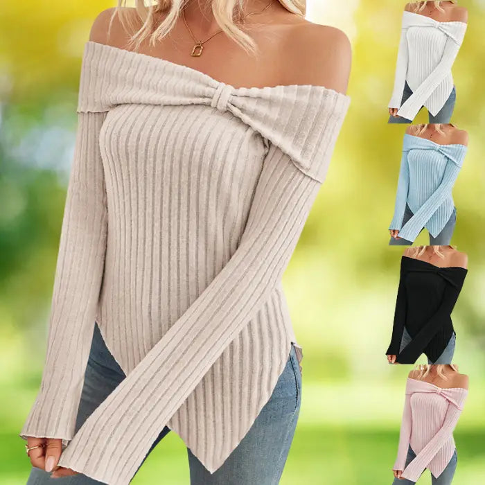 Women's off shoulder knit top in beige with ribbed texture and asymmetrical hem detail.