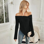 Women's off shoulder knit top in black, front view showing ribbed texture and elegant neckline.