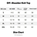 Women's off shoulder knit top sizing chart in centimeters for chest, sleeve, and clothes length.