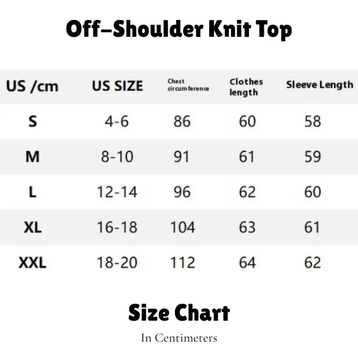 Women's off shoulder knit top sizing chart in centimeters for chest, sleeve, and clothes length.