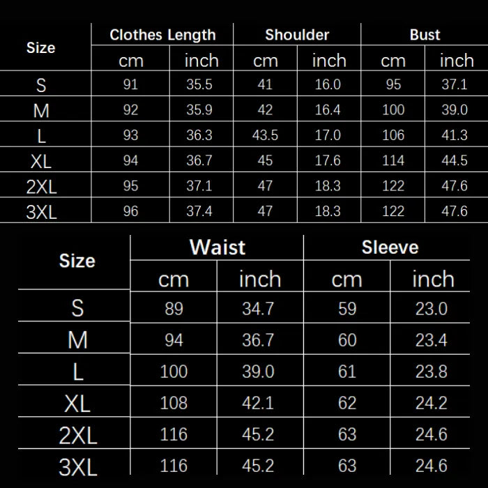Womens Overcoat size chart showing bust, waist, sleeve, shoulder, and clothes length in cm and inches.