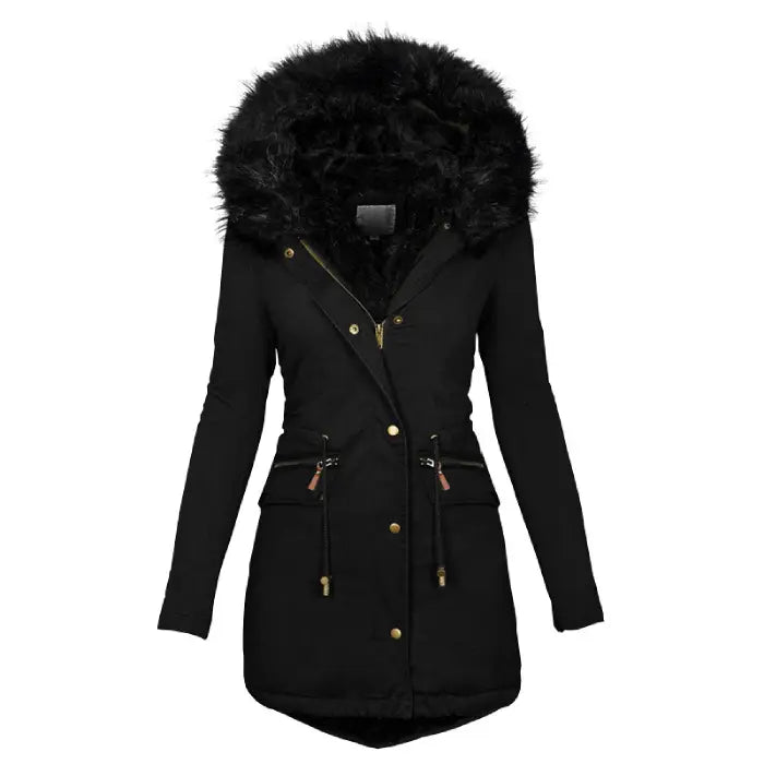 Womens parka coat in black with plush faux fur hood and front pockets