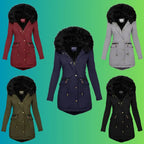Womens parka coat with faux fur hood in multiple colors on gradient background