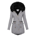 Womens parka coat in grey with black faux fur hood and drawstring waist