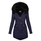 Womens parka coat in navy blue with black faux fur hood and gold accents