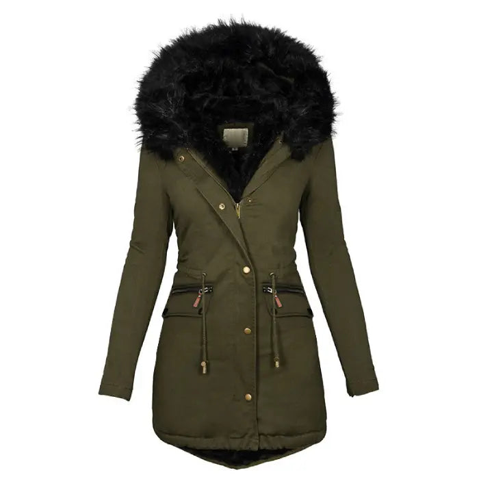 Womens parka coat in olive green with black faux fur hood and zipper pockets