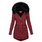 Womens parka coat in red with black faux fur hood and zip pockets