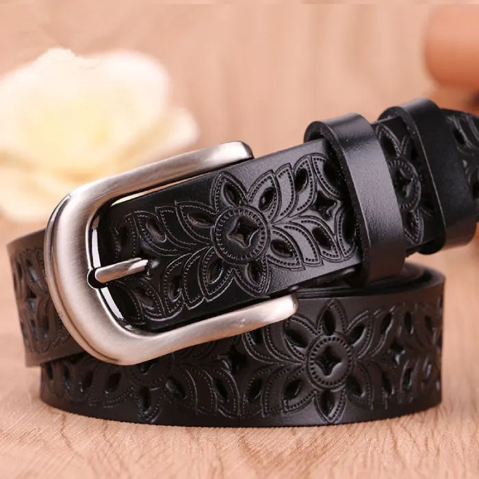 women's patterned belt in black with detailed engraved floral design