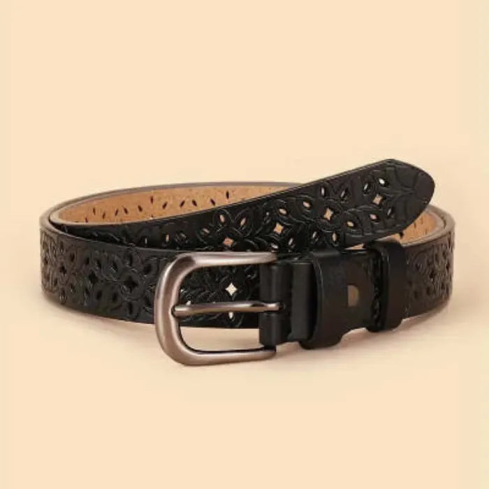 women's patterned belt in black leather featuring floral cutout and metal buckle