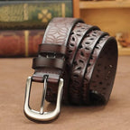 women's patterned belt crafted in brown leather with engraved floral detailing