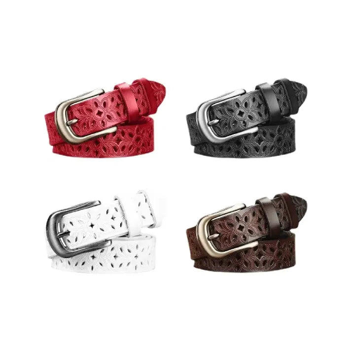 women's patterned belt collection in red black white and brown with floral pattern