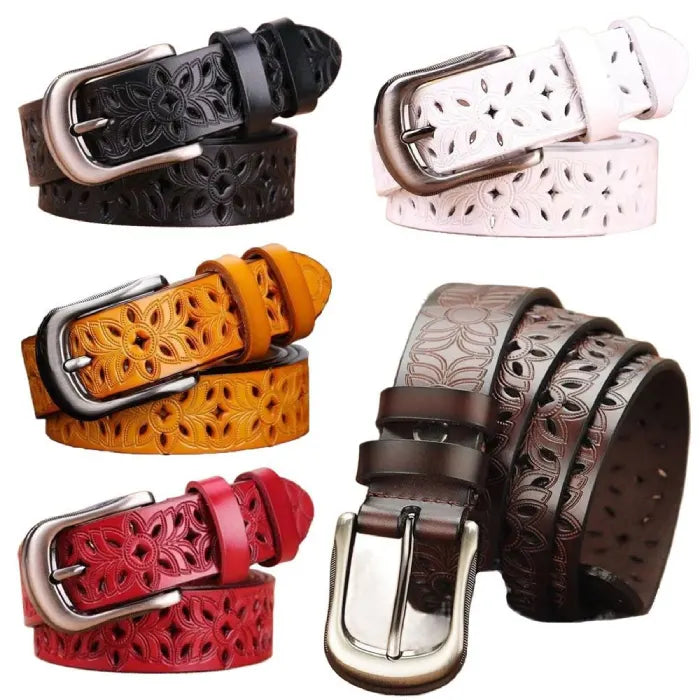 women's patterned belt in multiple colors with floral engraved design and metal buckle