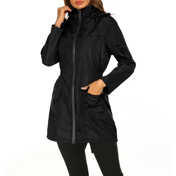 Womens raincoat in black featuring a high collar, hood, and front zipper.
