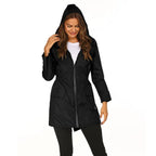 Womens raincoat in black with hood and cinched waist.