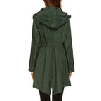 Womens raincoat in dark green shown from the back with hood and cinched waist.