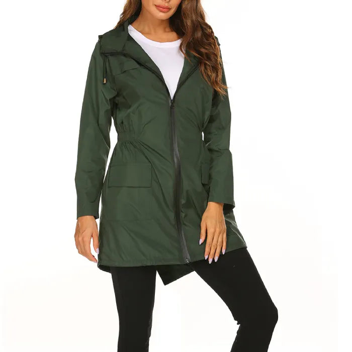 Womens raincoat in dark green shown from the front with zipper closure.