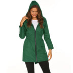 Womens raincoat in green featuring a hood and full-length zipper.