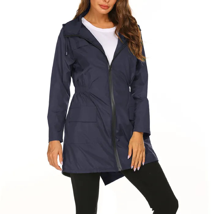 Womens raincoat in navy blue featuring pockets and a full front zipper.
