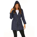 Womens raincoat in navy blue with hood and long sleeves.