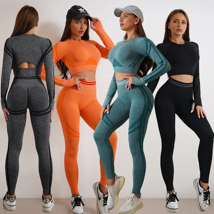  Women's seamless activewear set in various colors including leggings and long-sleeve crop tops.