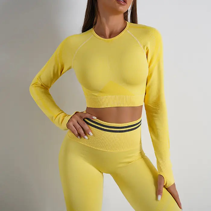  Yellow seamless activewear with long-sleeve top and high-waisted leggings for women