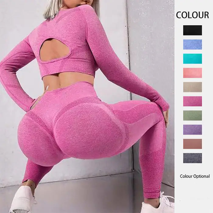 Women's seamless butt-lifting sportswear sets in pink with textured contour fit and open back crop top.