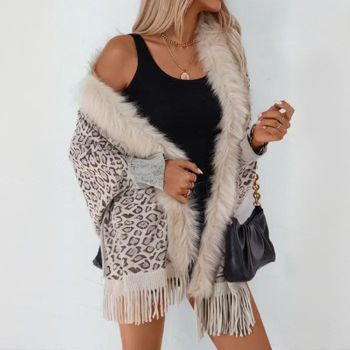 womens shawl with plush faux fur trim and leopard design, styled off shoulder for a chic cold weather look