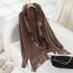 womens shawl in rich brown with faux fur trim and fringe detail, perfect for elegant winter outfits