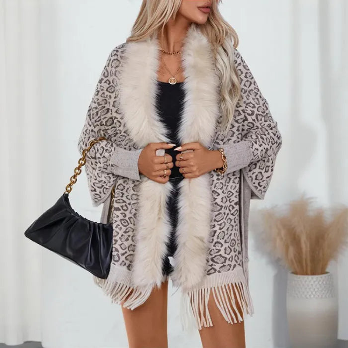 womens shawl with soft faux fur trim and flowing leopard knit, designed for cozy comfort and standout fashion