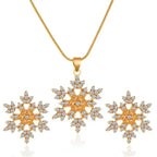 Women’s snowflake necklace and earring set in gold with crystal snowflake pendant and matching earrings shown in bright detailed product view