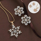Women’s snowflake necklace and earring set in gold featuring crystal snowflakes displayed with close-up inset for elegant winter jewelry