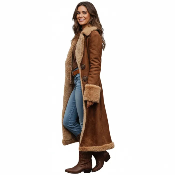 Woman wearing a brown shearling coat on a white background