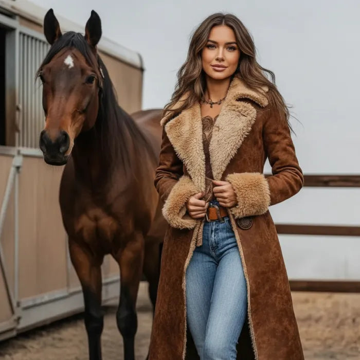 Woman in a brown shearling coat standing next to a horse in an indoor setting