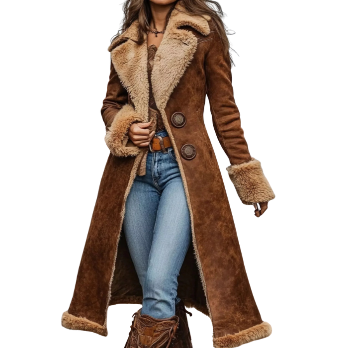 Brown shearling coat with fur collar and cuffs worn by a person on a white background