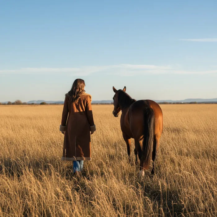 Woman in a brown coat standing next to a horse in a field with a clear blue sky.