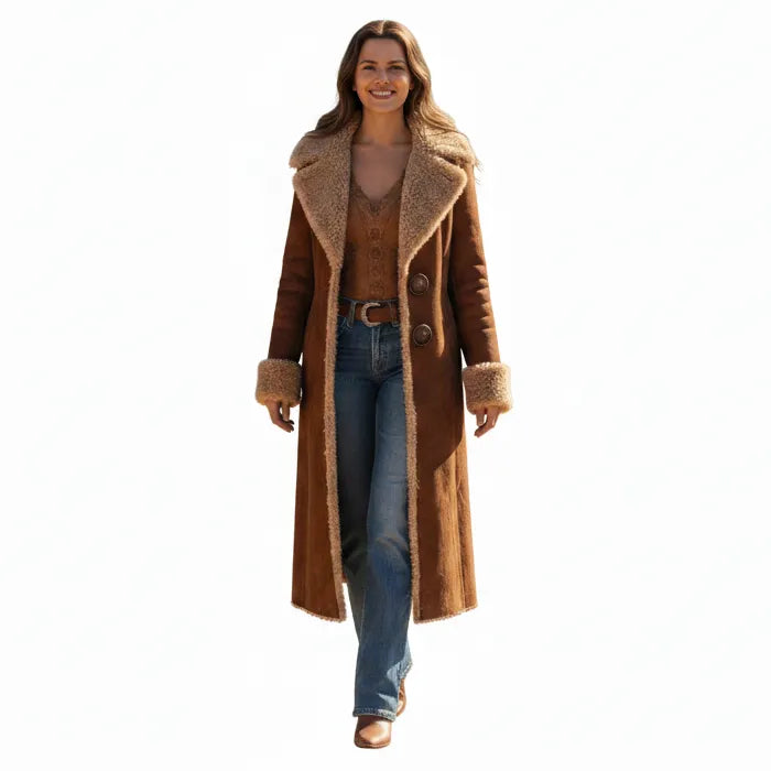 Woman wearing a brown shearling coat on a white background