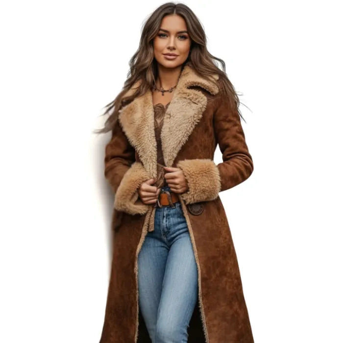 Woman wearing a brown shearling coat with a white background