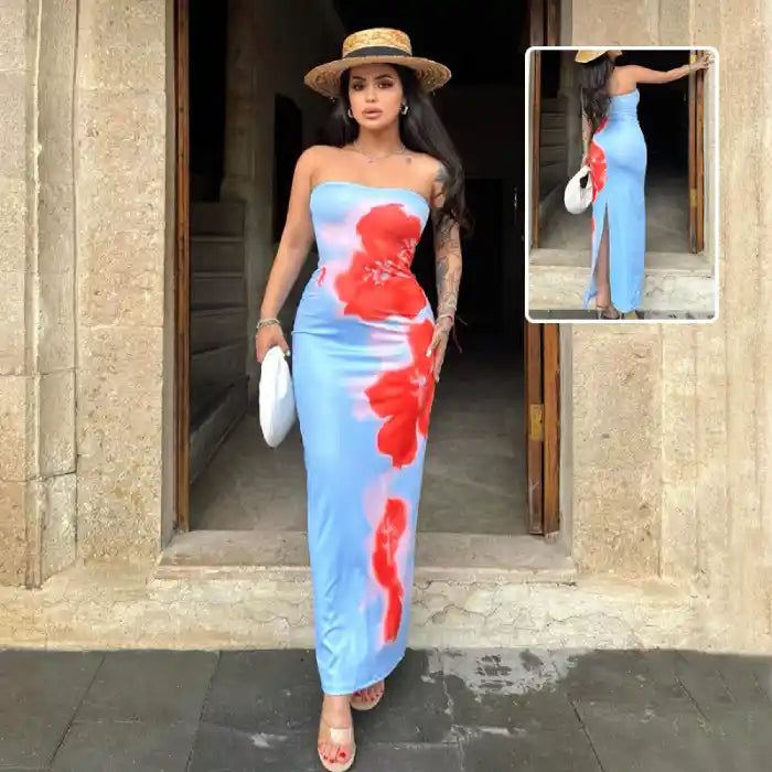 Women's summer slit dress in blue with bold red floral print and strapless neckline