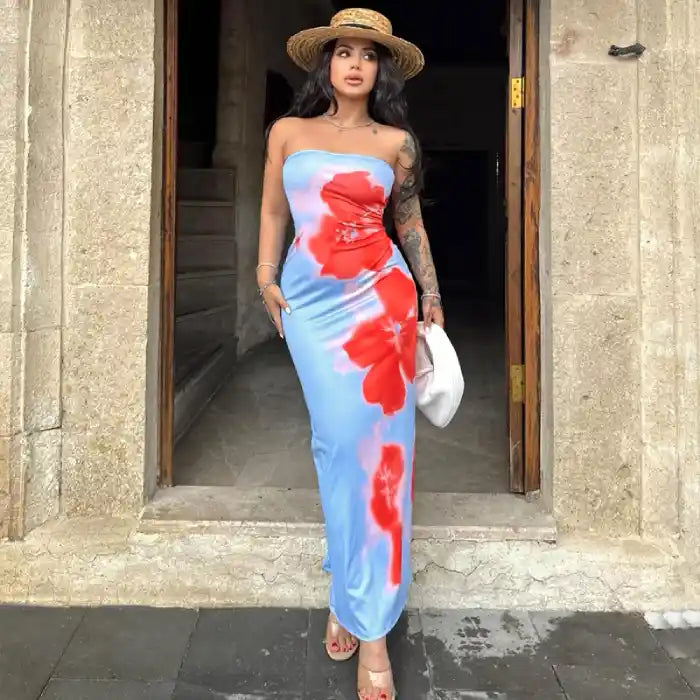 Front view of strapless women’s summer slit dress with red floral print