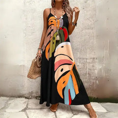  Women's tropical leaf print maxi dress styled with boho jewelry, beach bag, and flat sandals.