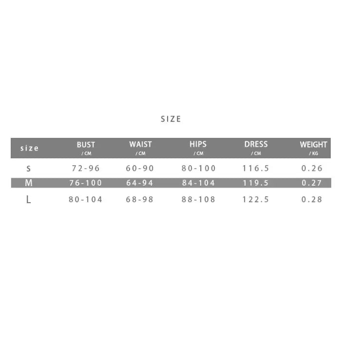 Size chart for women’s backless tube top split tassel party dress with bust, waist, and hip details.