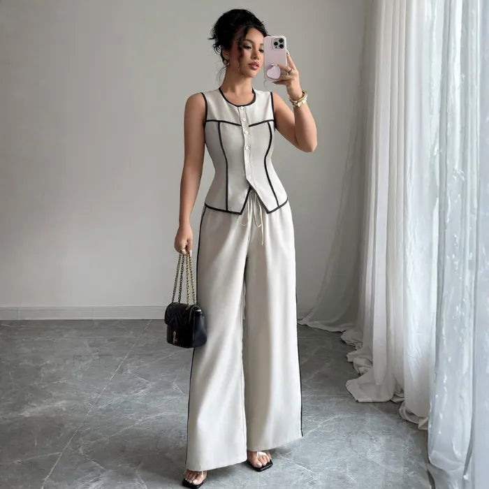 womens vest pant set styled with fitted button vest and wide leg pants creating polished modern outfit appeal